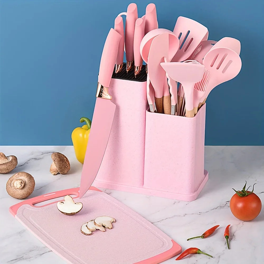 19 Advanced Silicone Kitchenware Sets Equipped with Wooden Handles and Knives-heat-resistant,convenient Cooking Kitchen Gadgets.